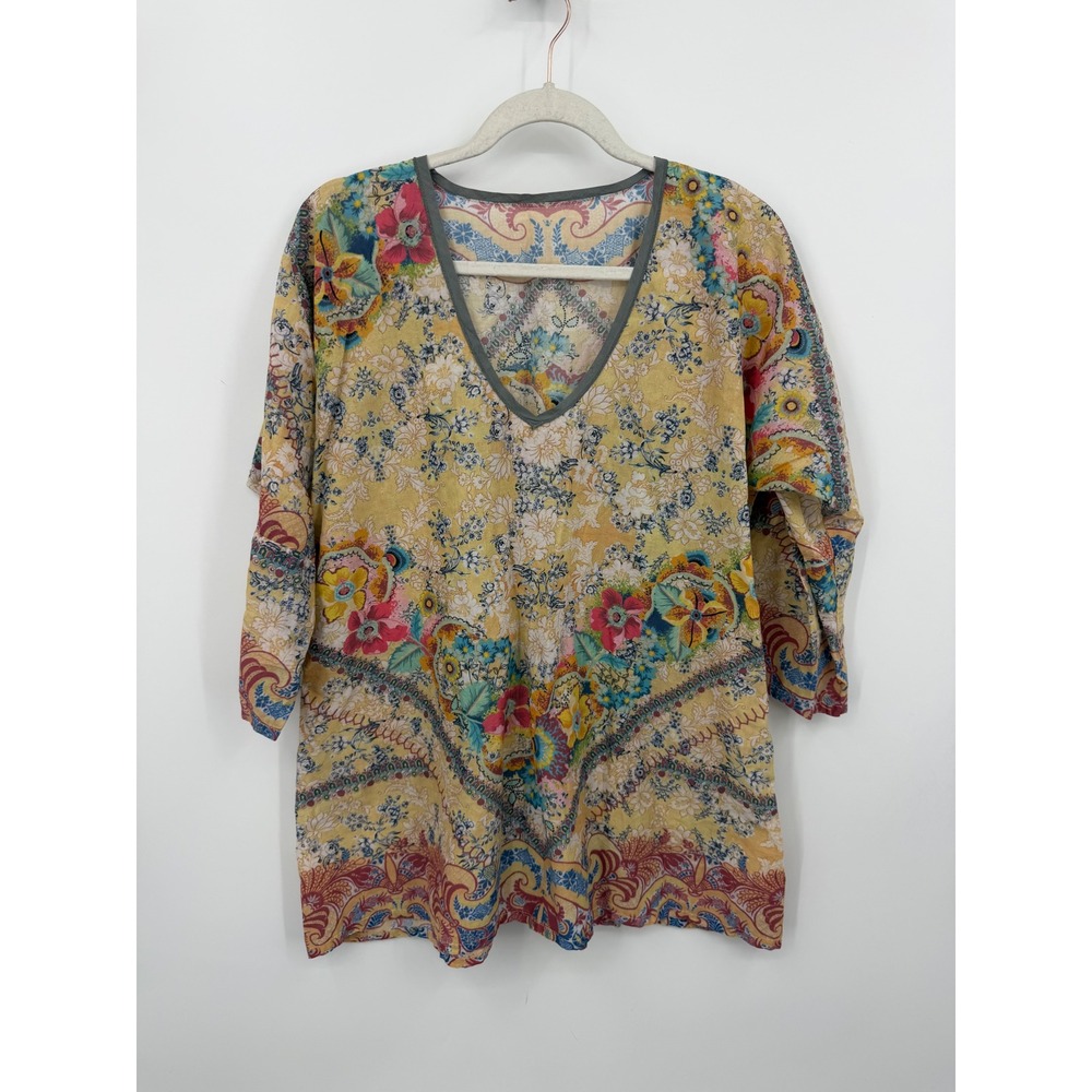 Johnny Was Floral Paisley Tunic Top Women L Yellow V-Neck 3/4 Sleeve Cotton